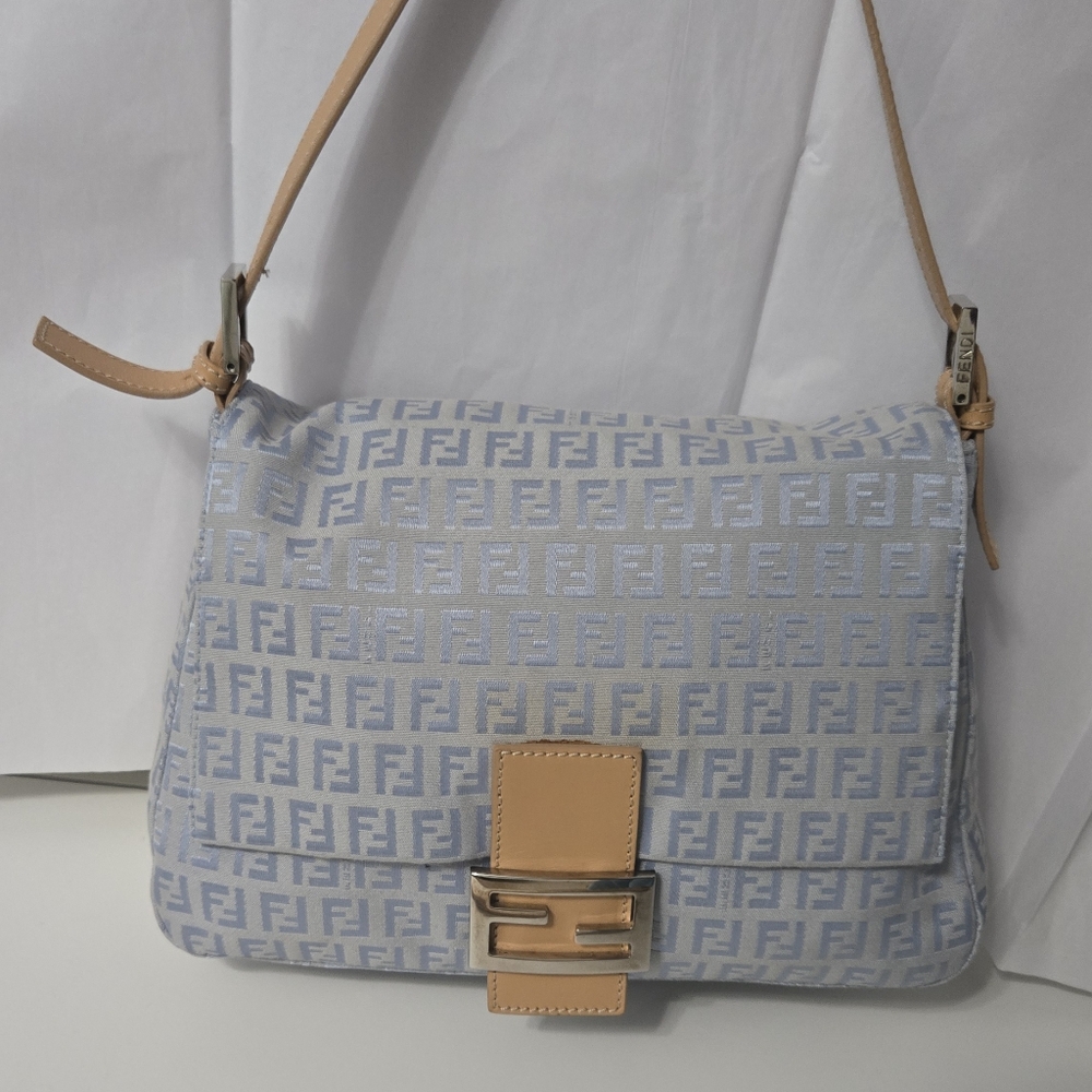 Fendi Zucchino Mama Baguette shoulder bag light blue canvas with silver hardware